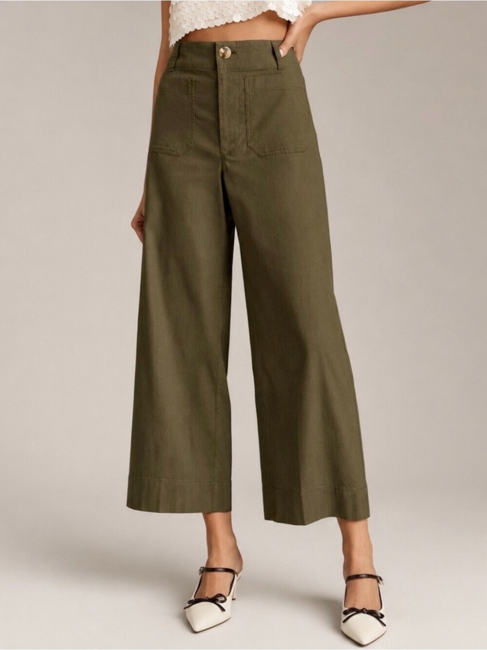 Maeve The Colette Wide-Leg Pants Linen Blend Olive Green 28 Magic Fabric Cropped